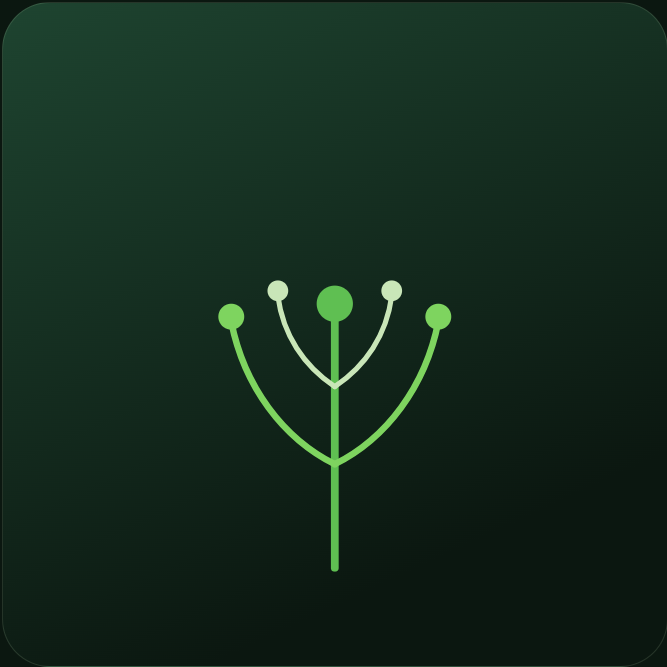 Minimalist illustration of a green plant or flower with multiple branches and circular ends on a dark green background.