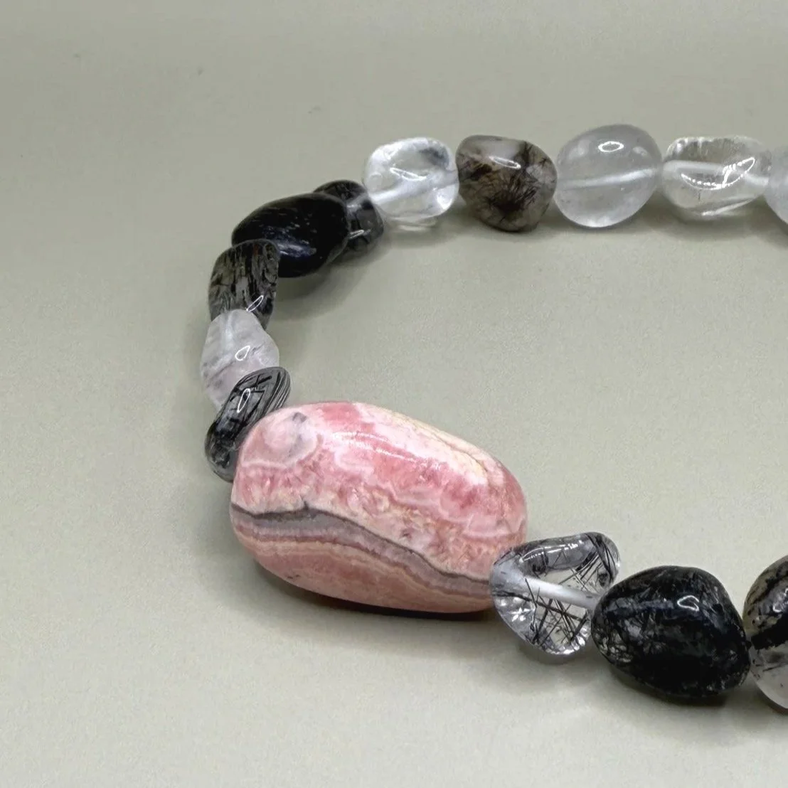 Rhodochrosite × Tourmalinated Quartz Bracelet