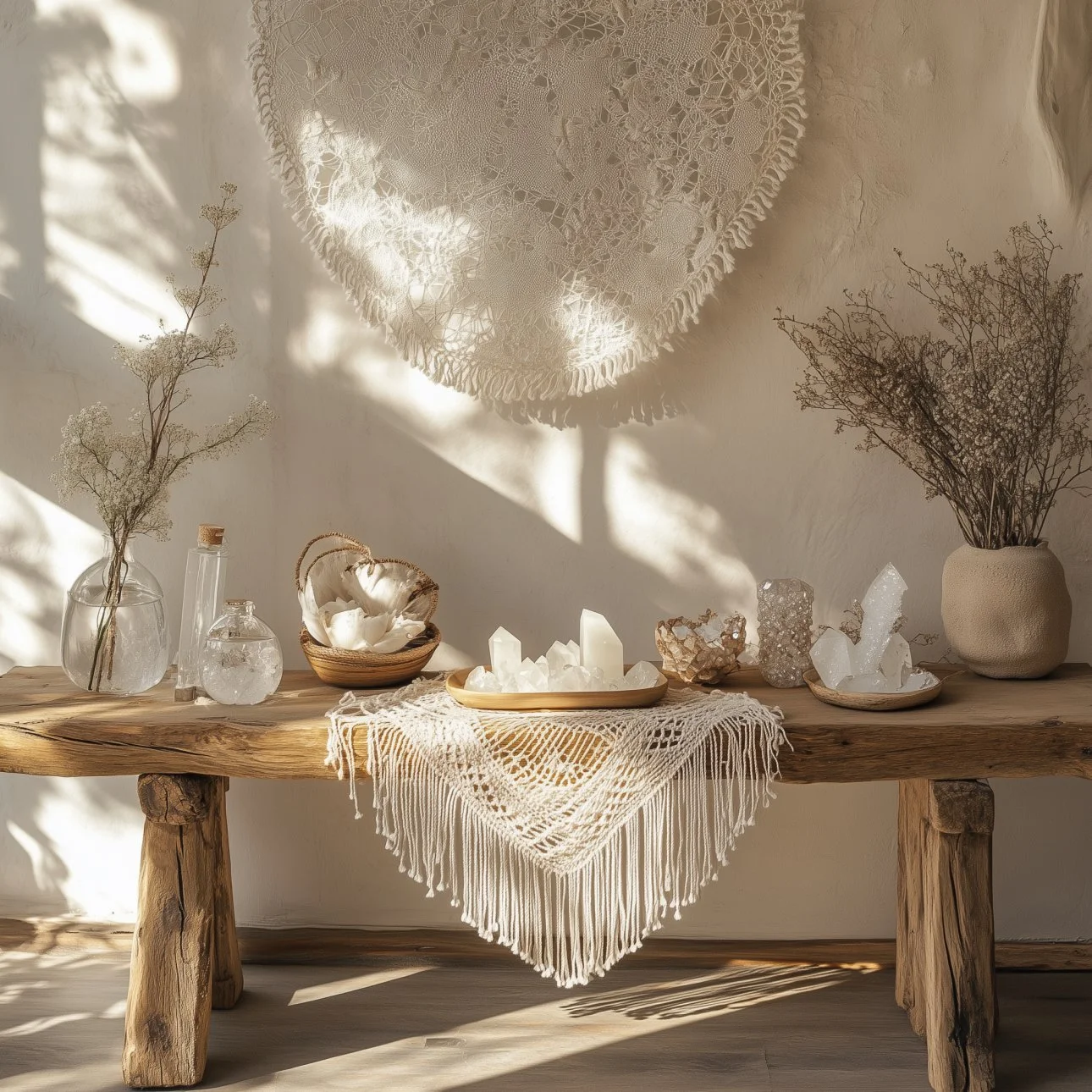 木製のテーブルの上に、ドライフラワーやガラス容器、クリスタル、白い貝殻を飾り、壁にはマクラメの壁掛けが掛かっている。自然光が差し込み、影ができている。