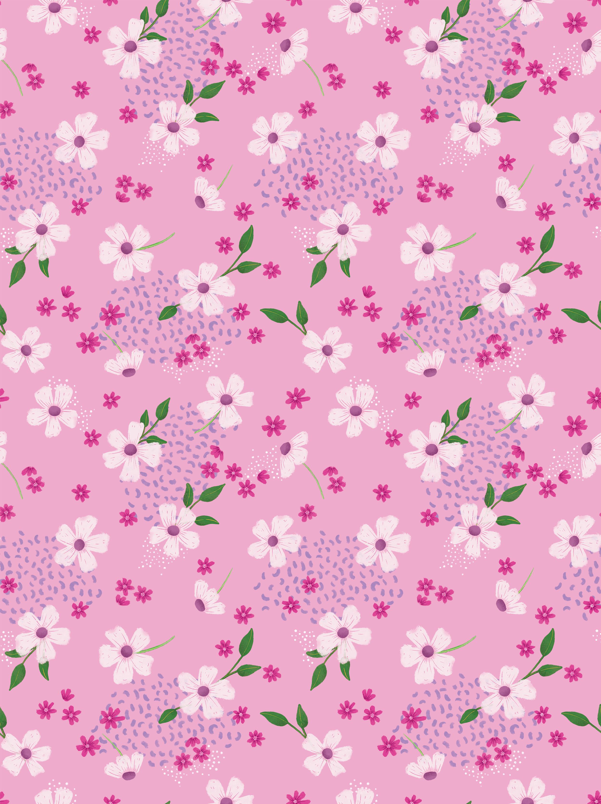 Floral pattern with pink flowers and green leaves on a pink background.