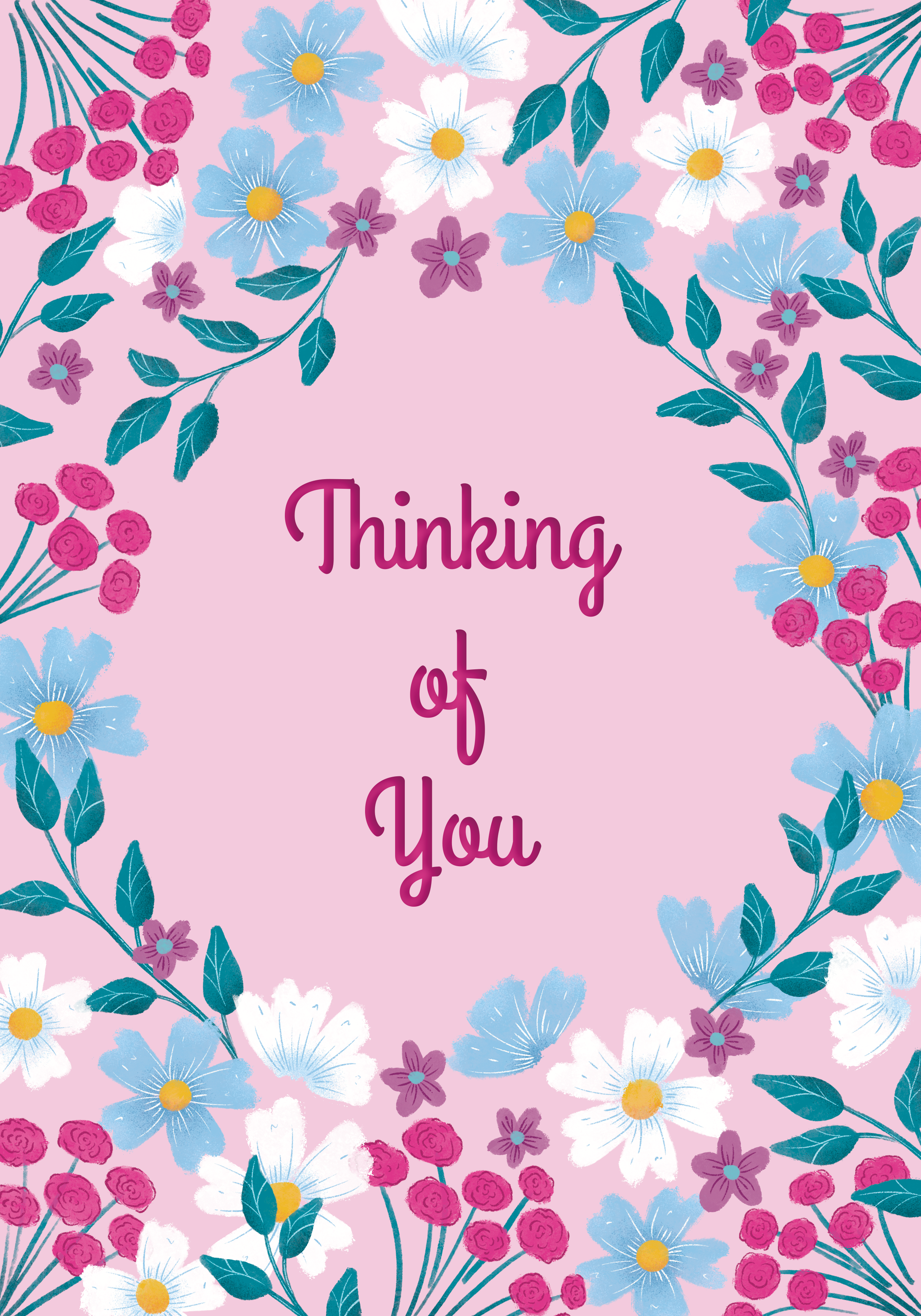 Floral card with "Thinking of You" text on a pink background, featuring blue, white, and pink flowers.