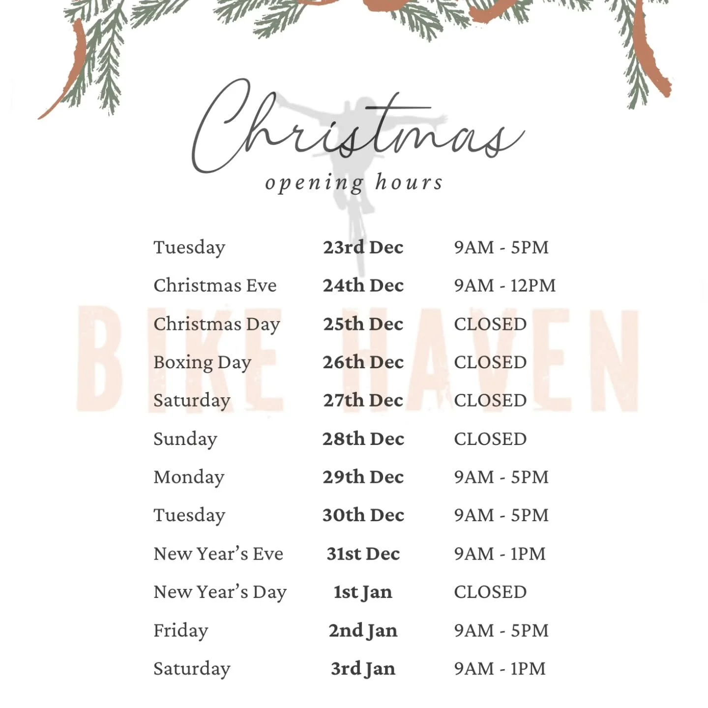 🎄 Christmas opening hours 🎄

Above are our christmas opening hours! 
Jarvis will be in the shop to make sure all of your christmas needs are sorted and then taking some much needed time off until early January.
Perry will be holding down the fort i