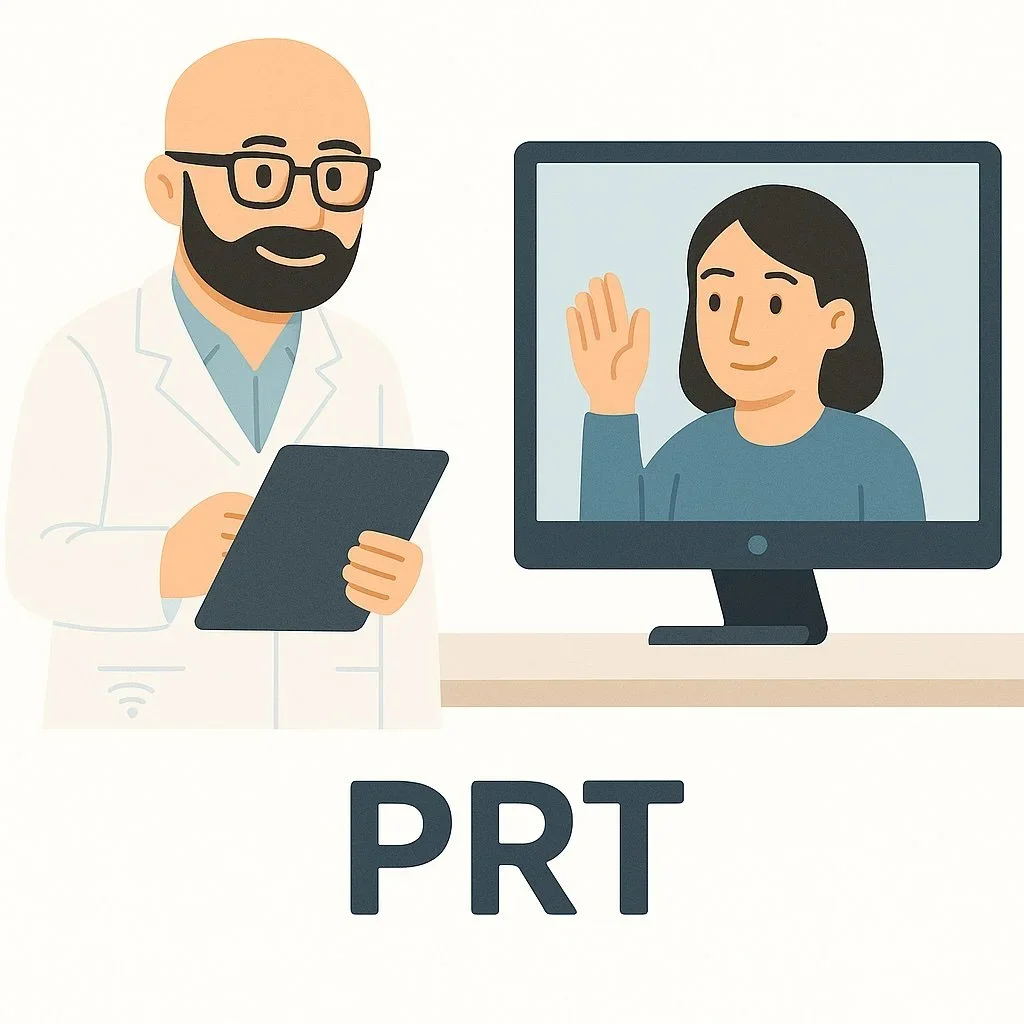 Un medico con occhiali e barba che tiene un tablet mentre una donna appare in una videoconferenza sullo schermo, saluta con la mano. Scritto 'PRT' sotto.