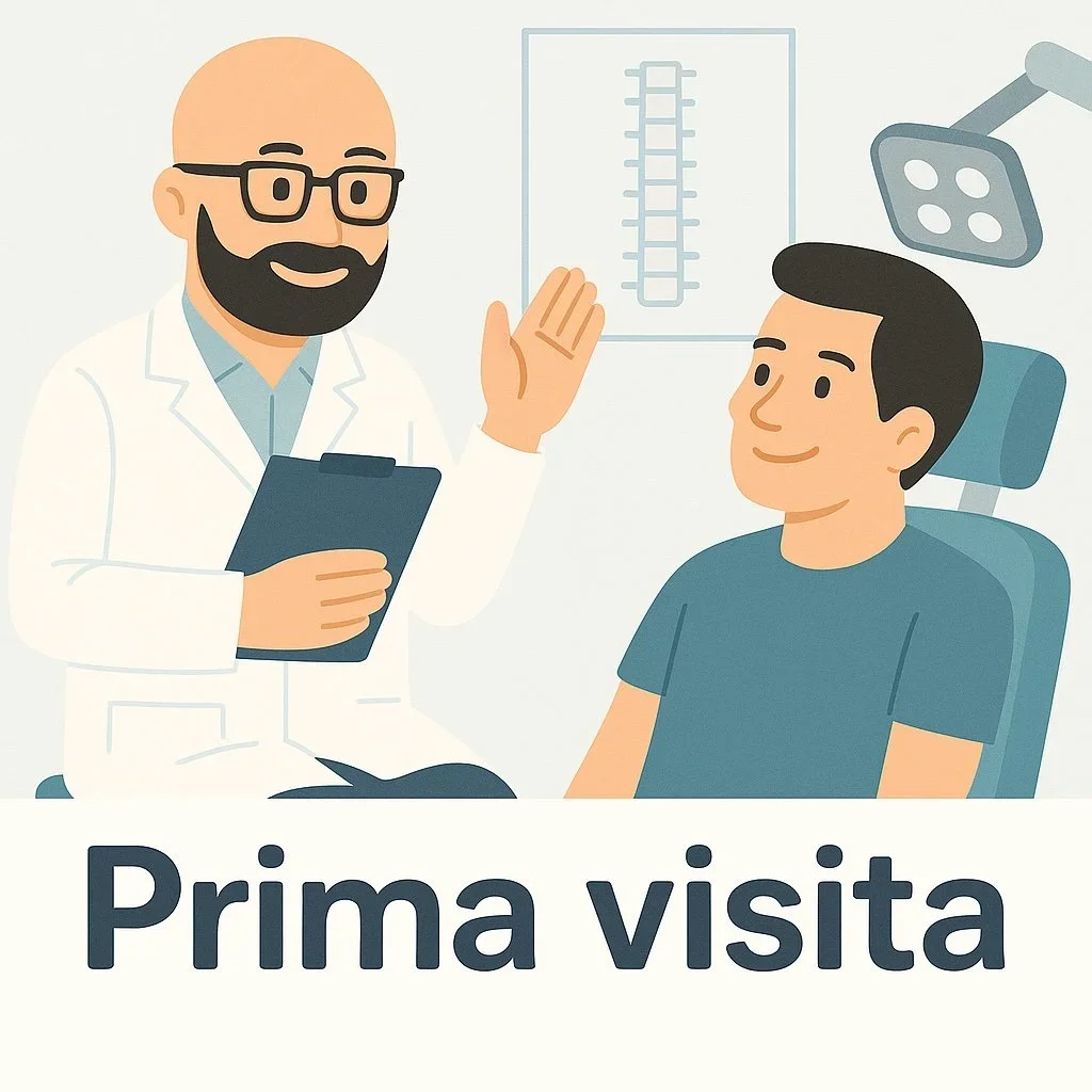 Un medico con barba e occhiali che saluta un paziente seduto in poltrona, in una sala di visita medica, con una radiografia di una colonna vertebrale sul muro dietro di loro e un lampada da visita sopra.