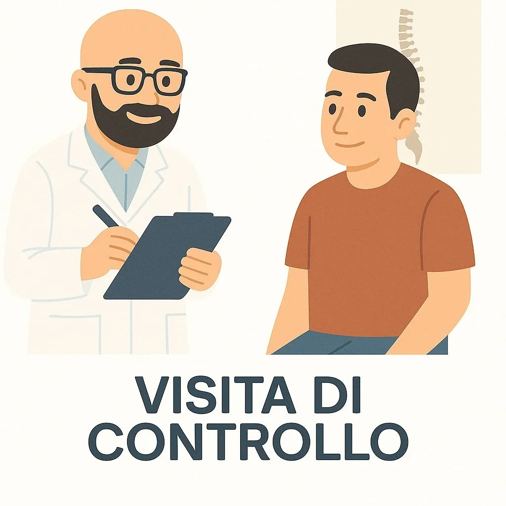 Illustrazione di un medico con occhiali e barba che prende appunti su un block note, di fronte a un paziente con una colonna vertebrale rappresentata sullo sfondo. Testo: "Visita di controllo".