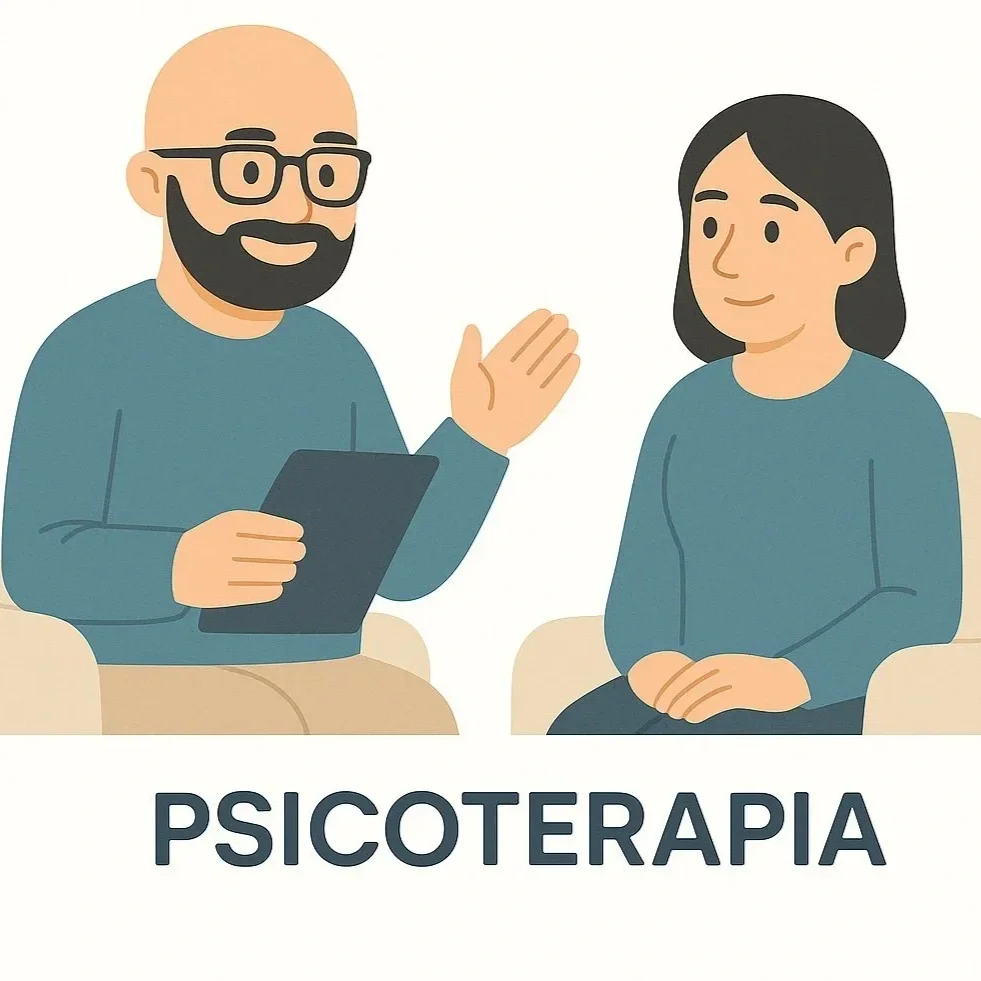 Illustrazione di un uomo con barba e occhiali che parla con una donna durante una sessione di psicoterapia.