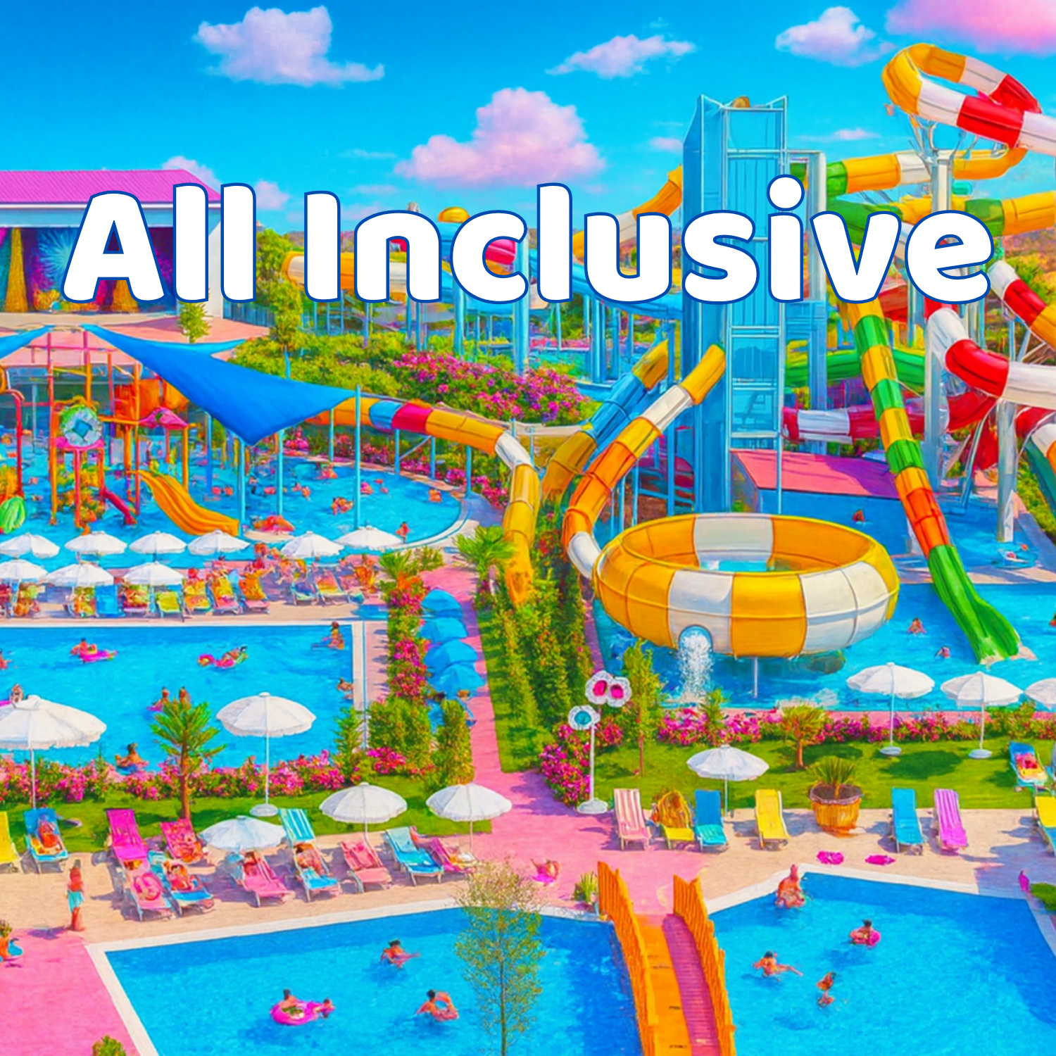 Een waterpark met glijbanen, zwembaden en ligbedden, onder een blauwe hemel met wolken. Tekst overlay: 'All Inclusive'.