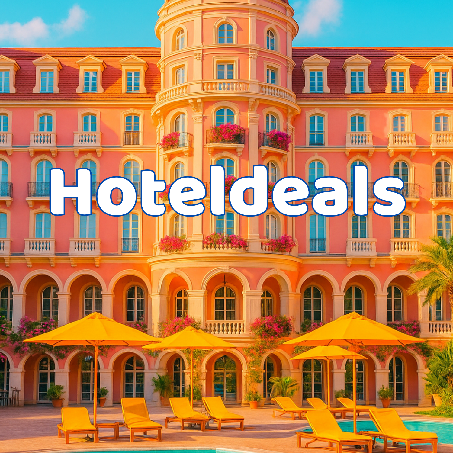 Een groot, roze hotel met meerdere verdiepingen, balkons en talrijke ramen, gelegen naast een zwembad met gele parasols en ligstoelen op een zonnige dag.