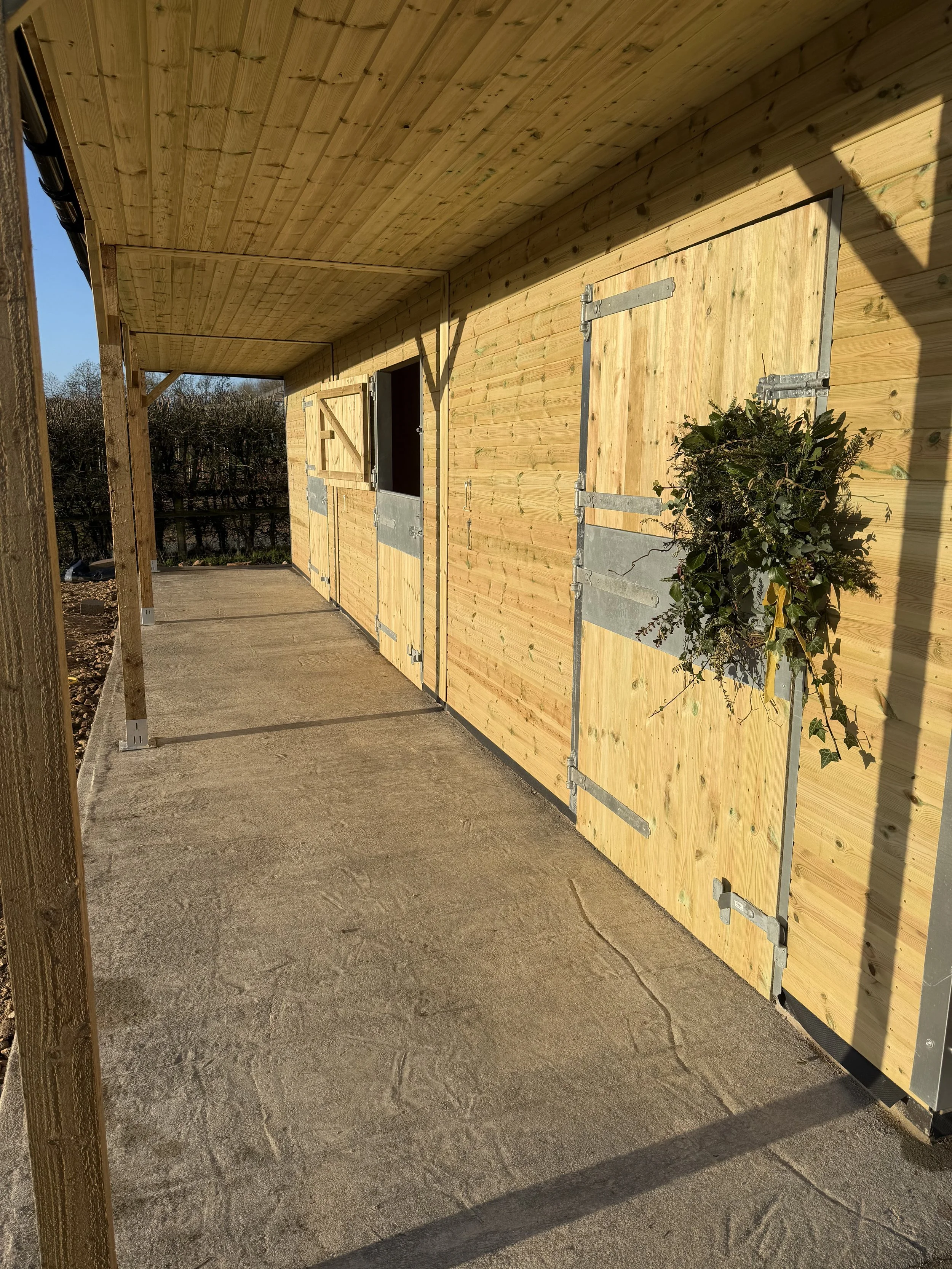 Wooden porch with green plants in a pot, exposed building materials, and a concrete floor, part of a house under construction or renovation.