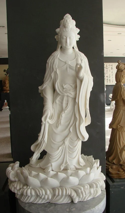 定制白色大理石觀音雕塑｜手工雕刻漢白玉觀世音菩薩像｜佛像定制專家