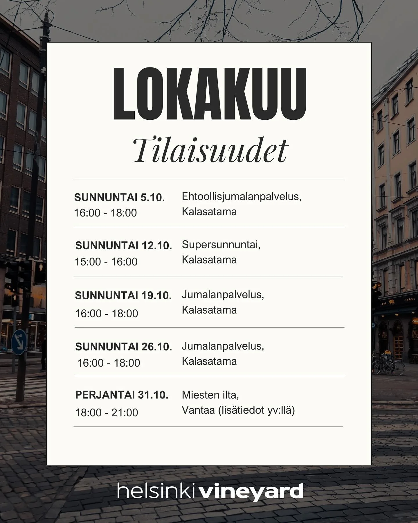 Tervetuloa mukaan lokakuun tilaisuuksiin! 🌊

Lis&auml;tietoa somessa, srk:n infokanavislla, sek&auml; www.helsinkivineyard.fi ☺️

#seurakunta #helsinki #october