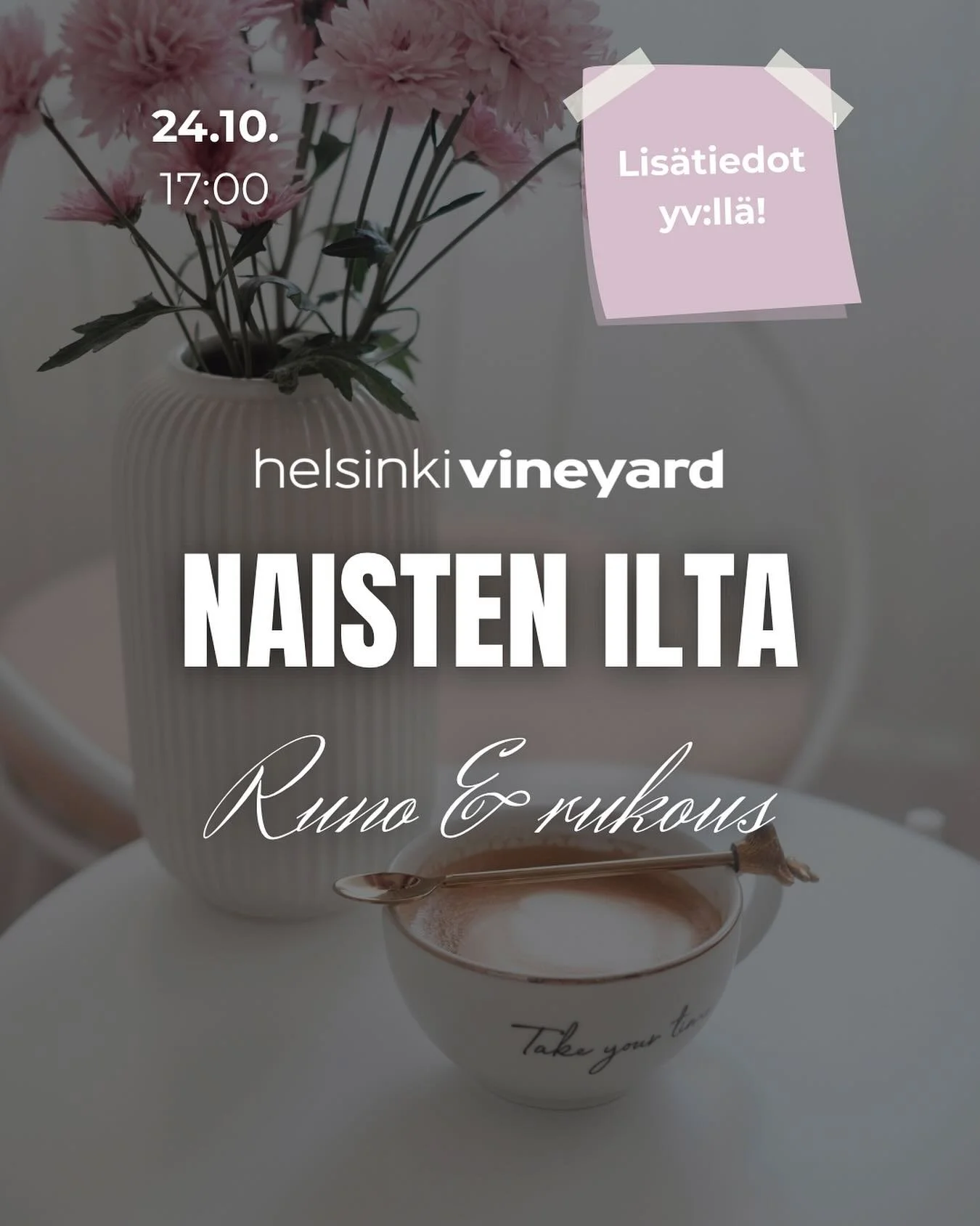 Perjantaina 24.10. naiset kokoontuvat Espooseen runon ja rukouksen merkeiss&auml; 🌺

Voit tuoda jotain pient&auml; purtavaa yhteiseen p&ouml;yt&auml;&auml;n.

Lis&auml;tietoja ja osoite yv:ll&auml; tai Erikalta. 
Tervetuloa 💕

#church #women #viney