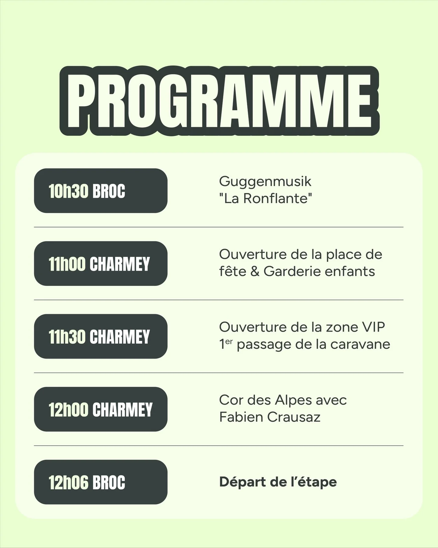 Programme officiel I Broc ➡️ Charmey 2026 ⛰️

Une journ&eacute;e de folie entre v&eacute;lo, ambiance et animations 🎉🚲
Du d&eacute;part &agrave; Broc jusqu&rsquo;&agrave; l&rsquo;arriv&eacute;e &agrave; Charmey, il y en aura pour tout le monde !

O