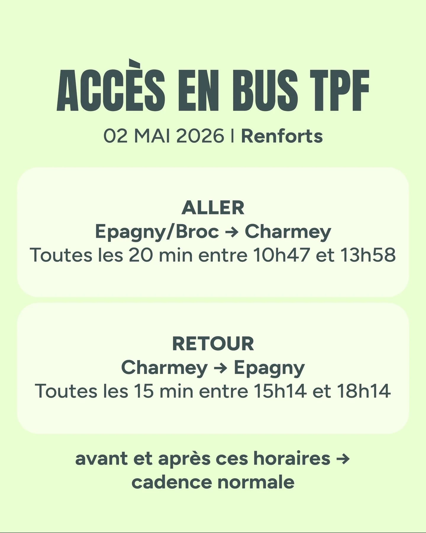 Tu viens au TDR &agrave; Charmey ? Pense &agrave; venir en transports publics :

🚌 Ligne 260 renforc&eacute;e pour l&rsquo;&eacute;v&eacute;nement

➡️ Aller toutes les 20 min
⬅️ Retour toutes les 15 min

Billets obligatoires !

👉 Toutes les infos s