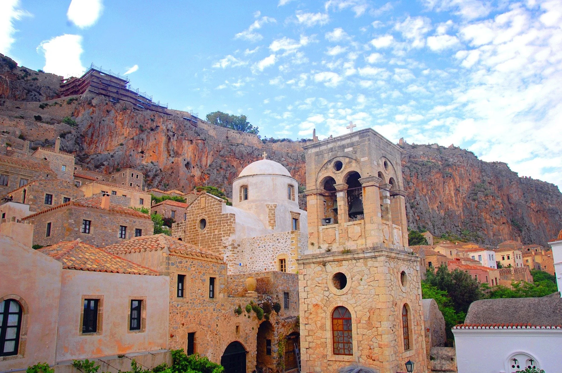 Historic churches and stone houses inside Monemvasia castle town Greece