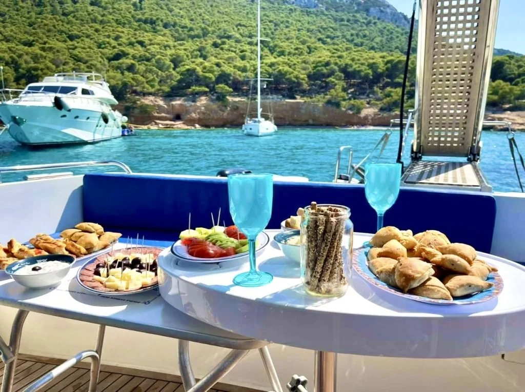 Refreshments served on board during a private motor yacht cruise