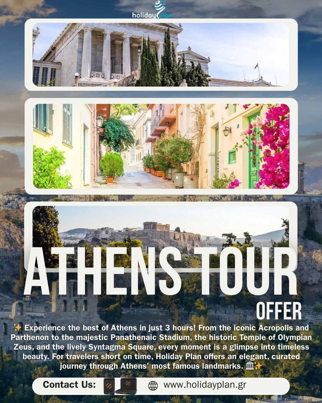 Discover Athens in just 3 unforgettable hours with Holiday Plan&rsquo;s Athens Tour.
From ancient landmarks to vibrant neighborhoods, our guided experience brings the city&rsquo;s heartbeat to life. Perfect for travelers who want a taste of history, 