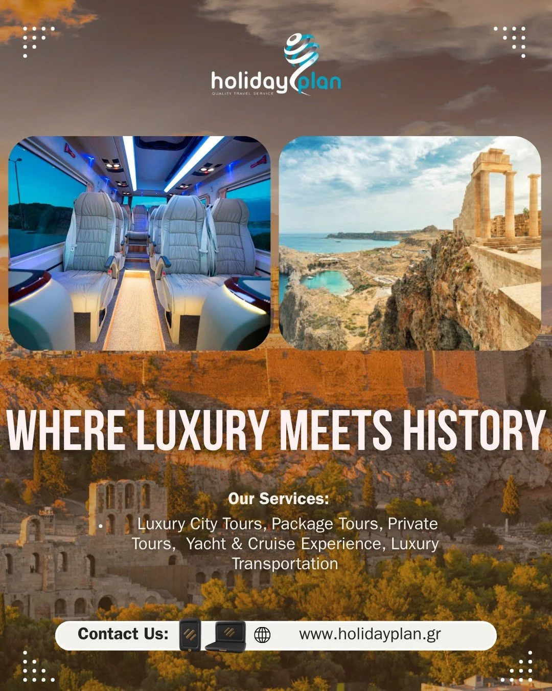 From the sun-drenched marble of Athens to the serene shores of the Aegean, Greece offers a perfect harmony of ancient wonder and modern indulgence. With Holiday Plan, every journey is crafted with elegance &mdash; private tours, exclusive stays, and 