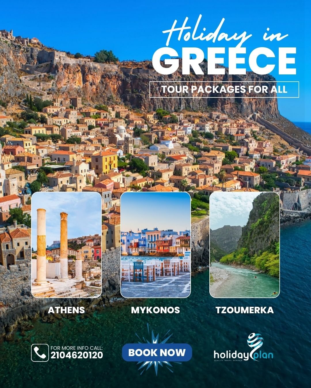 Discover Greece like never before! 🇬🇷✨

Holiday Plan offers amazing tour packages that combine comfortable accommodation, curated experiences, and unforgettable activities all across Greece. From crystal-clear island waters to breathtaking mountain