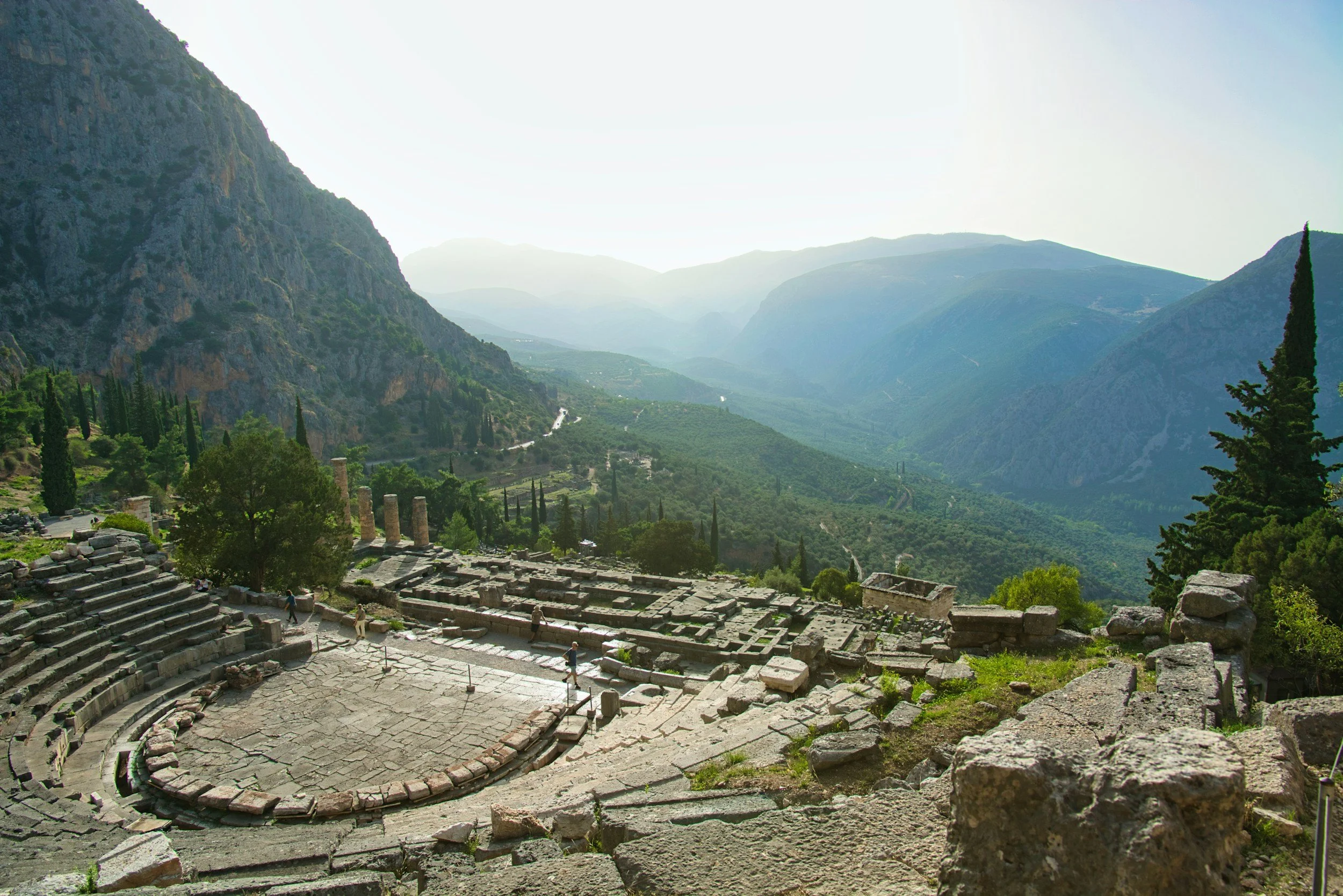 Delphi archaeological site theatre with valley view Greece