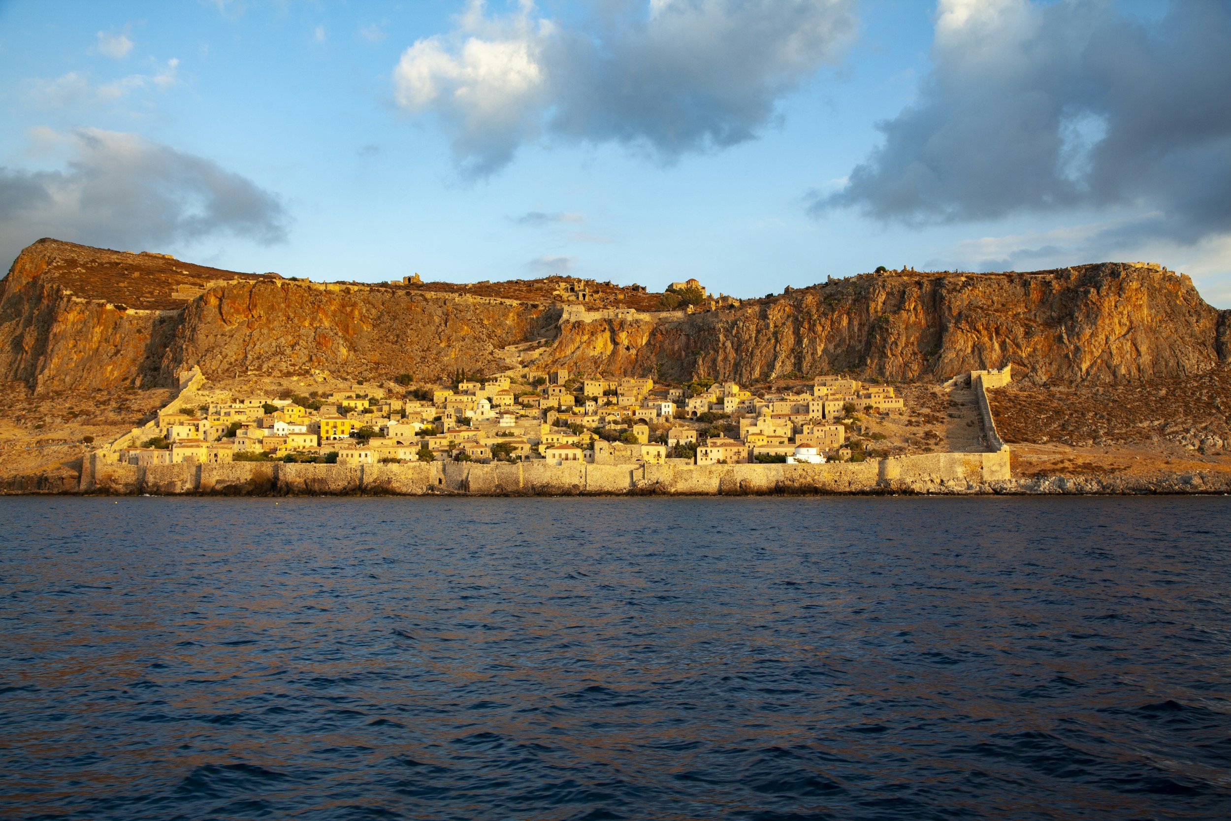 Panoramic view of Monemvasia castle town by the sea in Greece