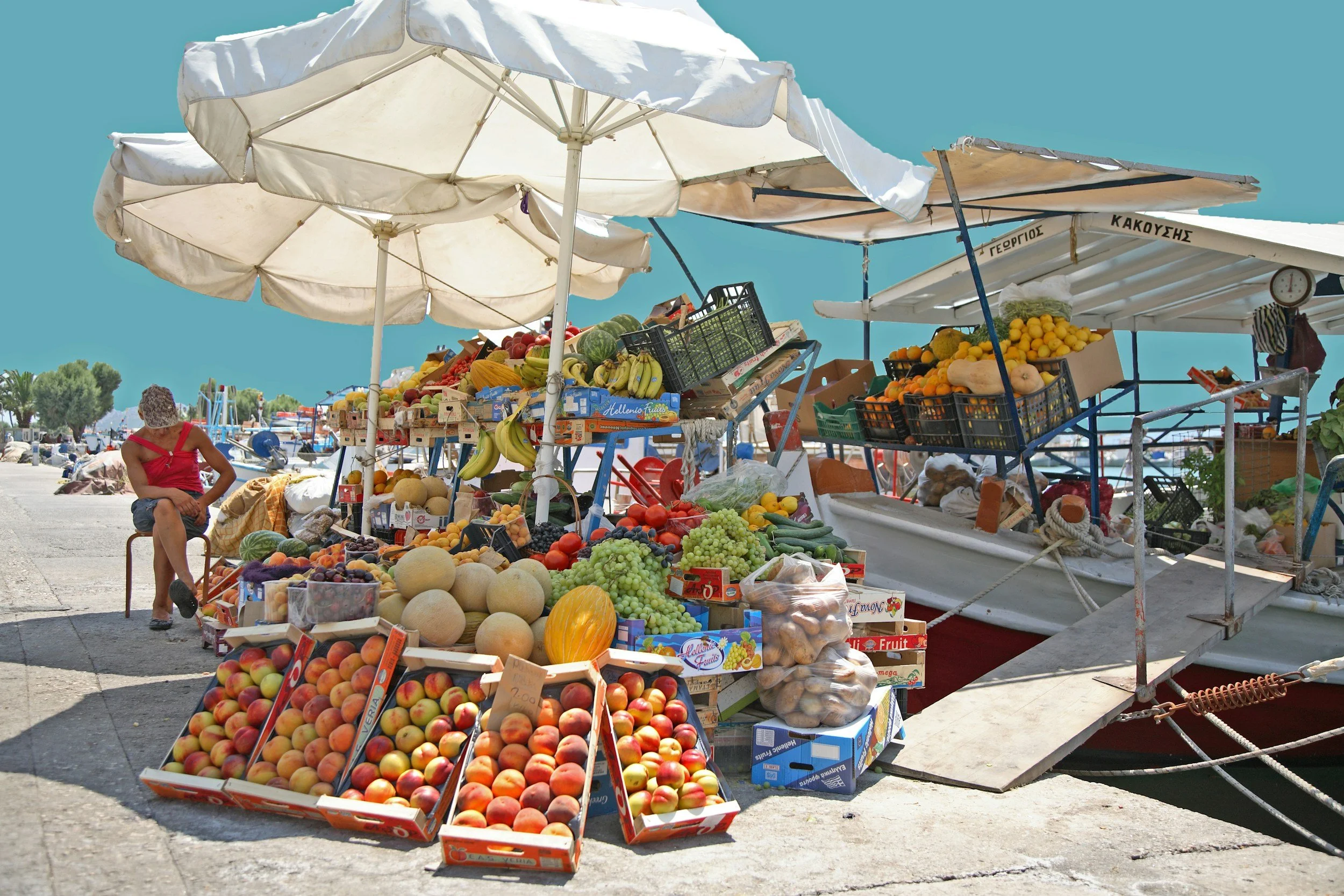 Traditional fruit and local market near the waterfront on Aegina Island Greece