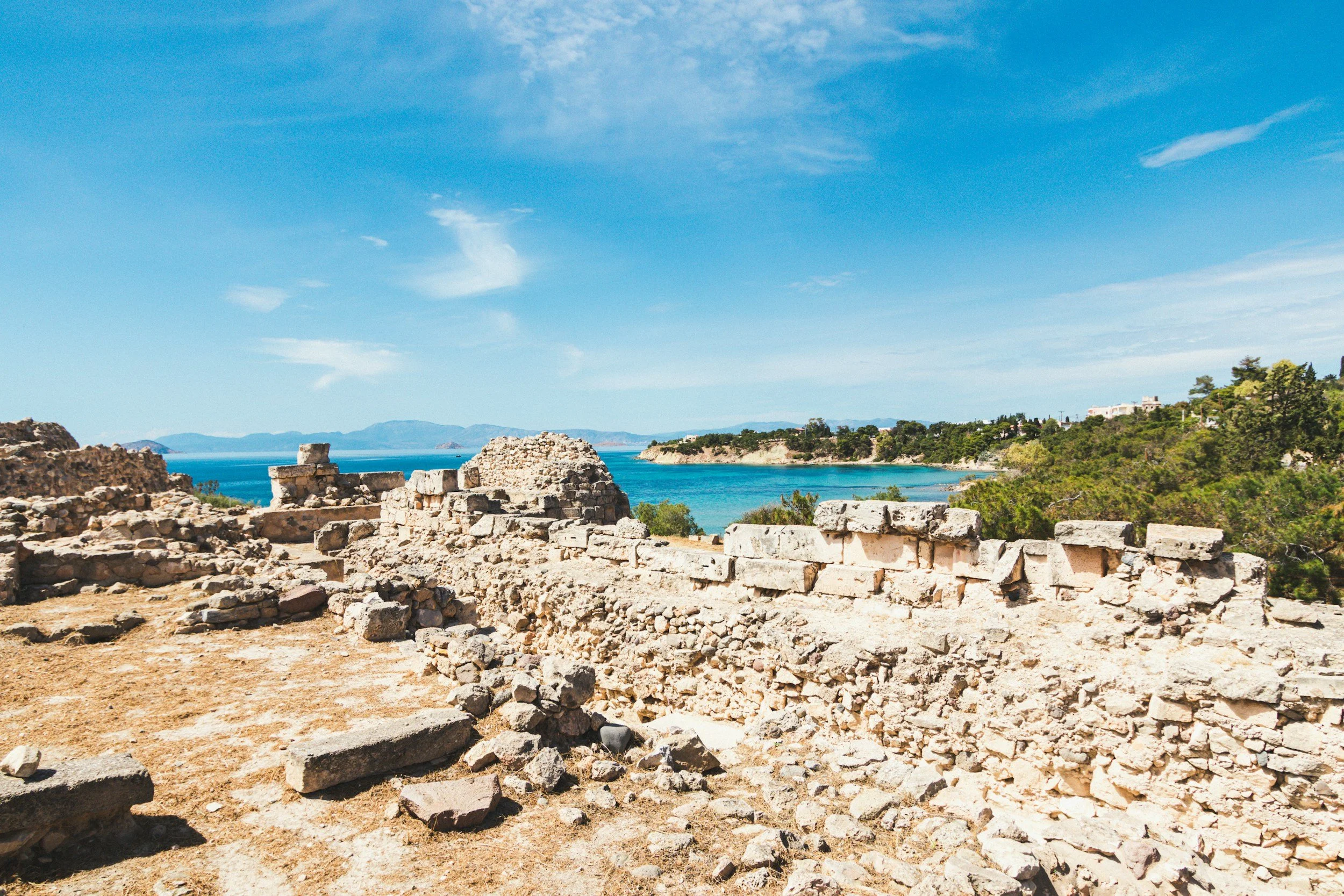 Temple of Aphaia archaeological ruins overlooking the sea on Aegina Island Greece