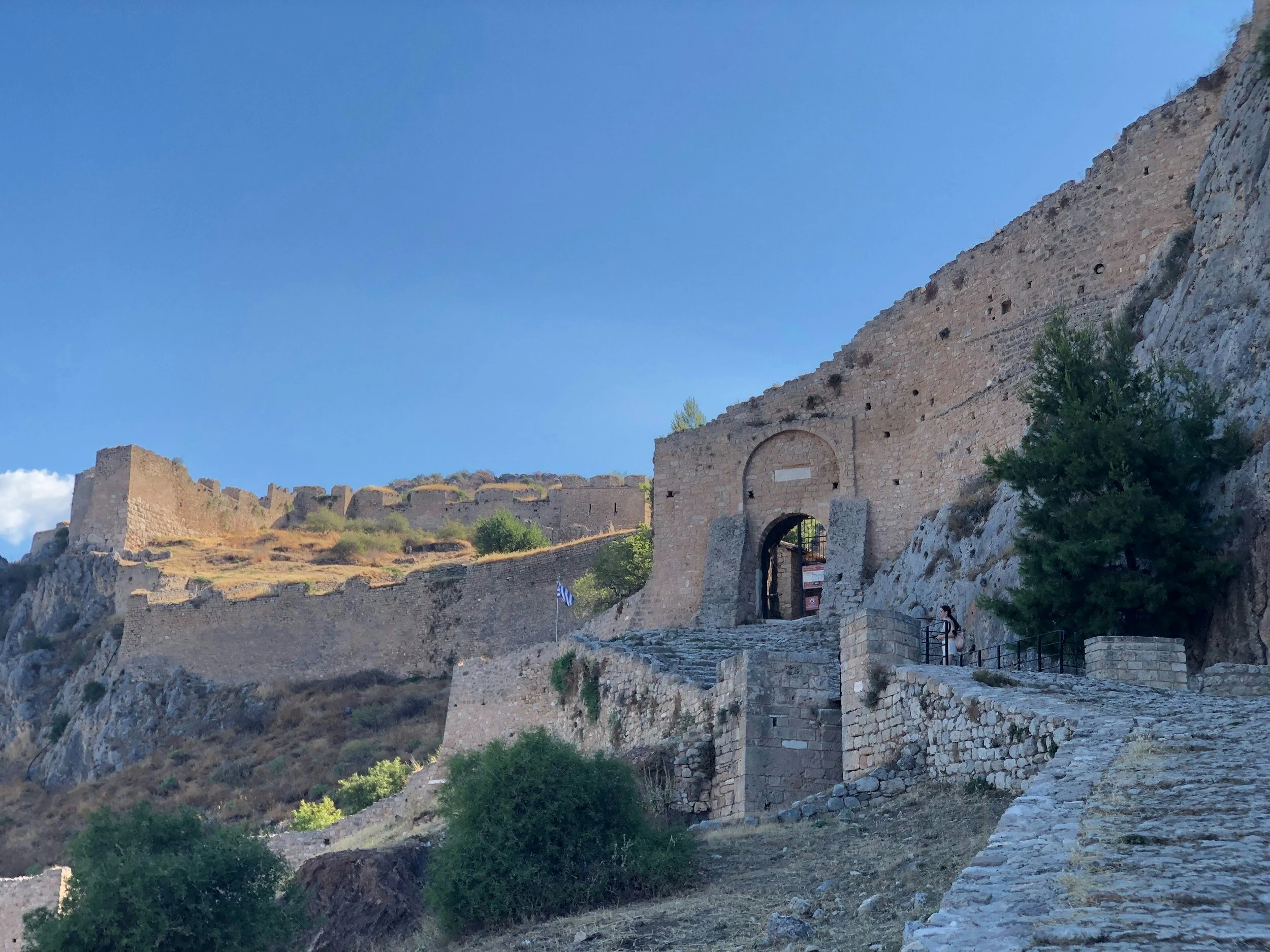 Historic Acrocorinth fortress walls overlooking the Peloponnese Greece