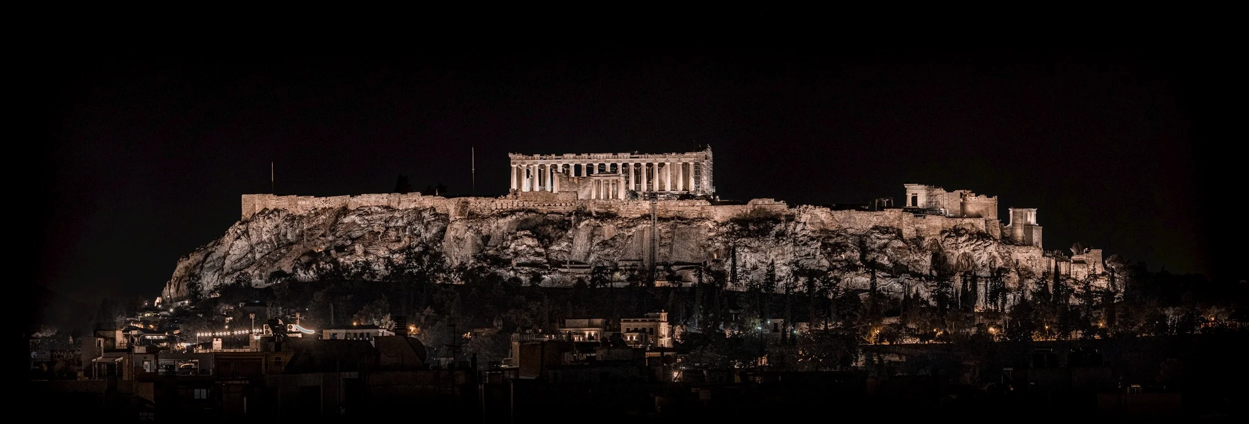 Parthenon illuminated at night on the Acropolis of Athens