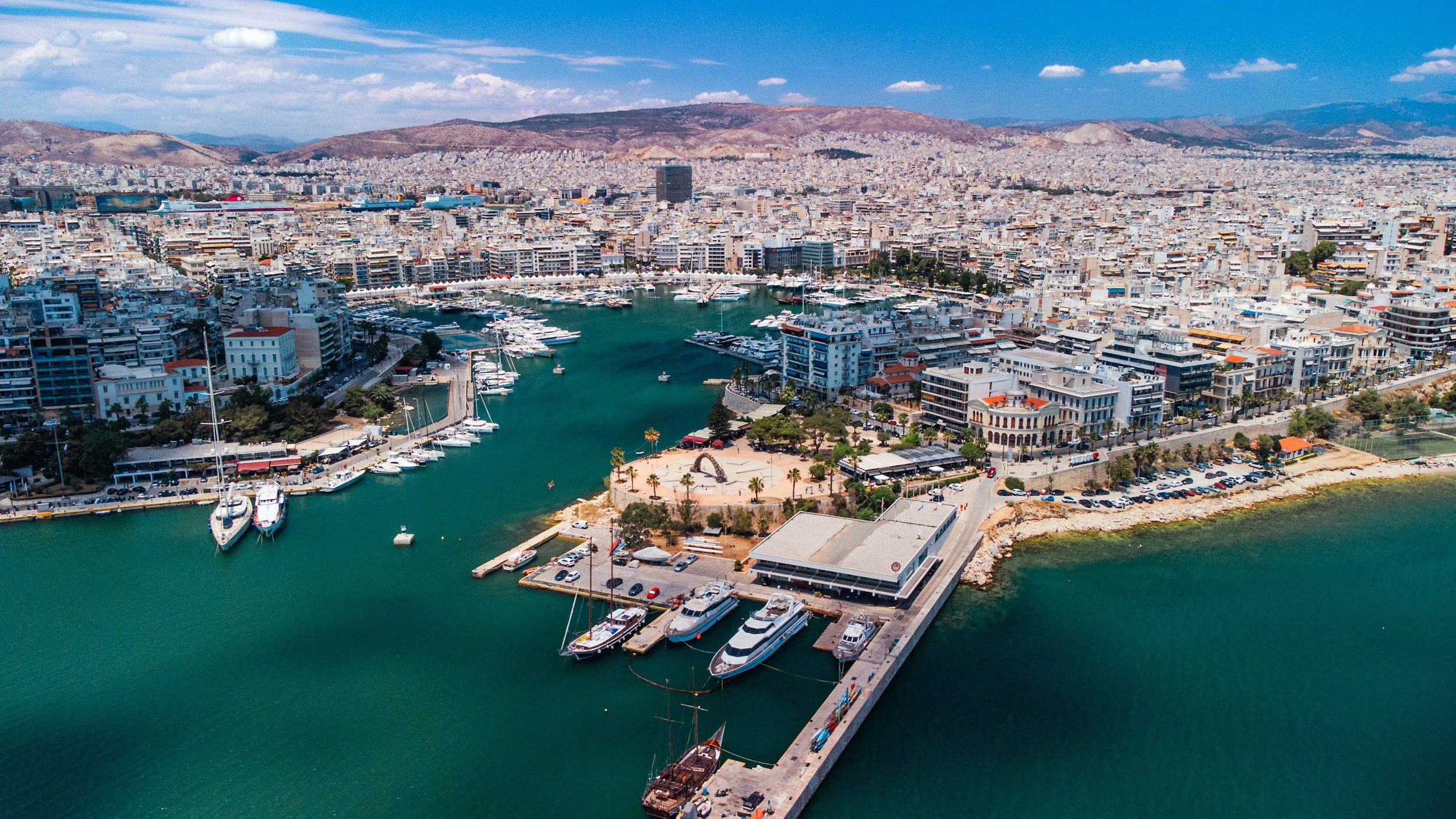 Aerial view of Mikrolimano harbor and Piraeus coastline in Greece