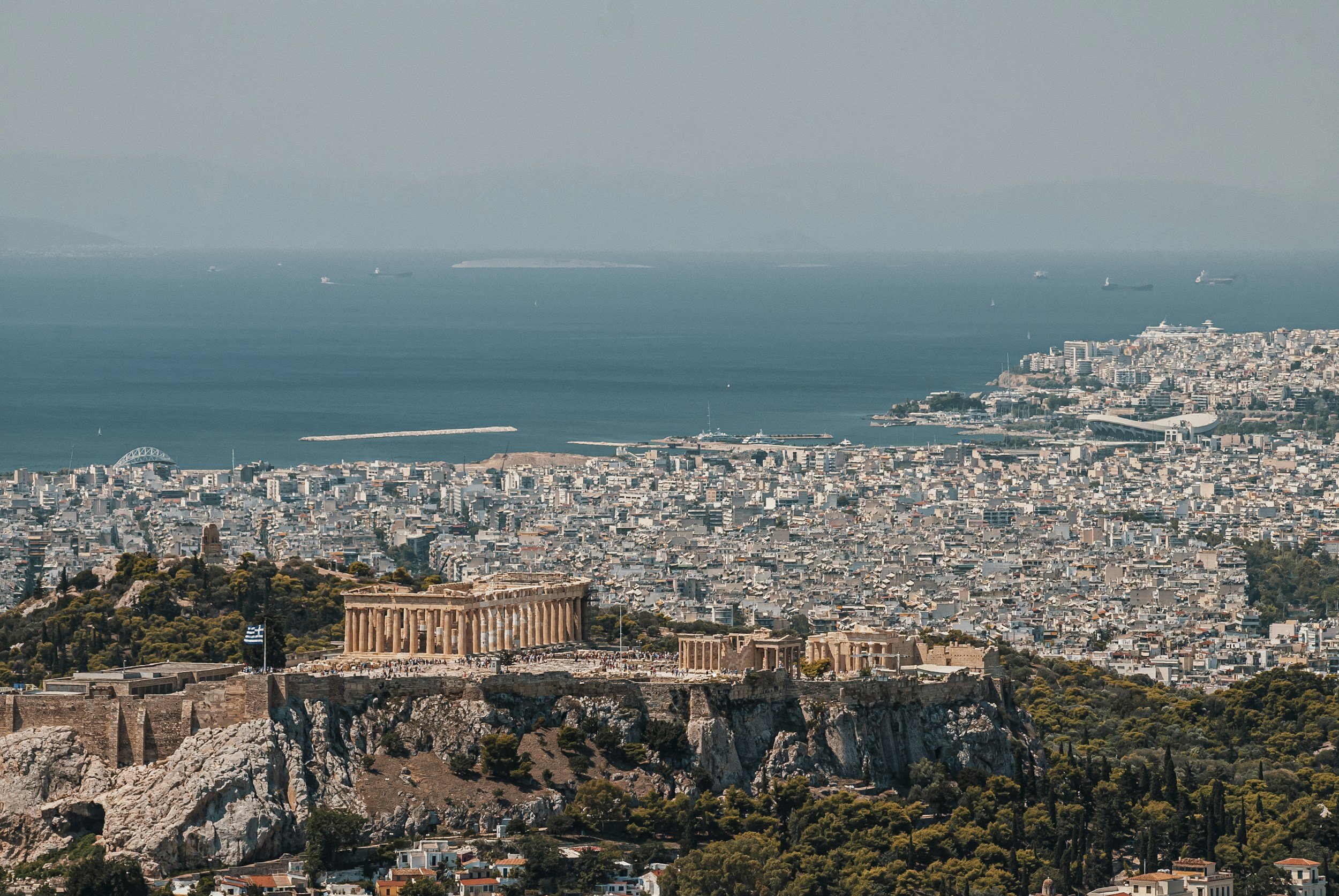 Panoramic view of Athens with the Acropolis and city coastline in Greece