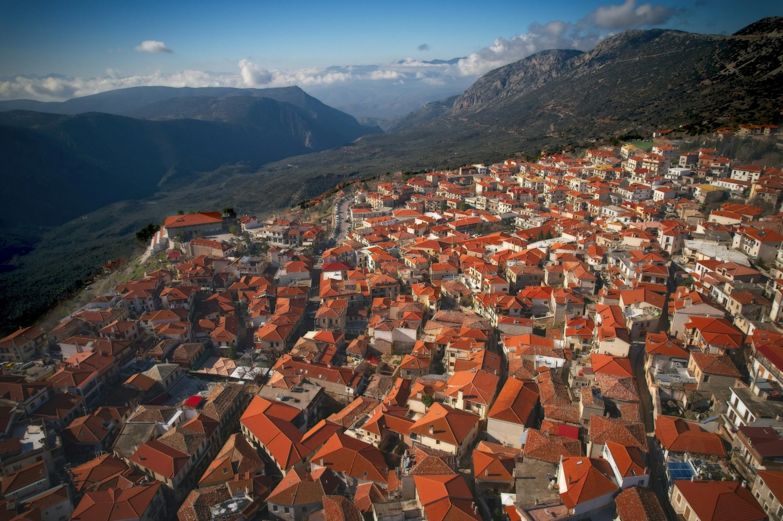 Arachova mountain village with traditional houses near Delphi Greece