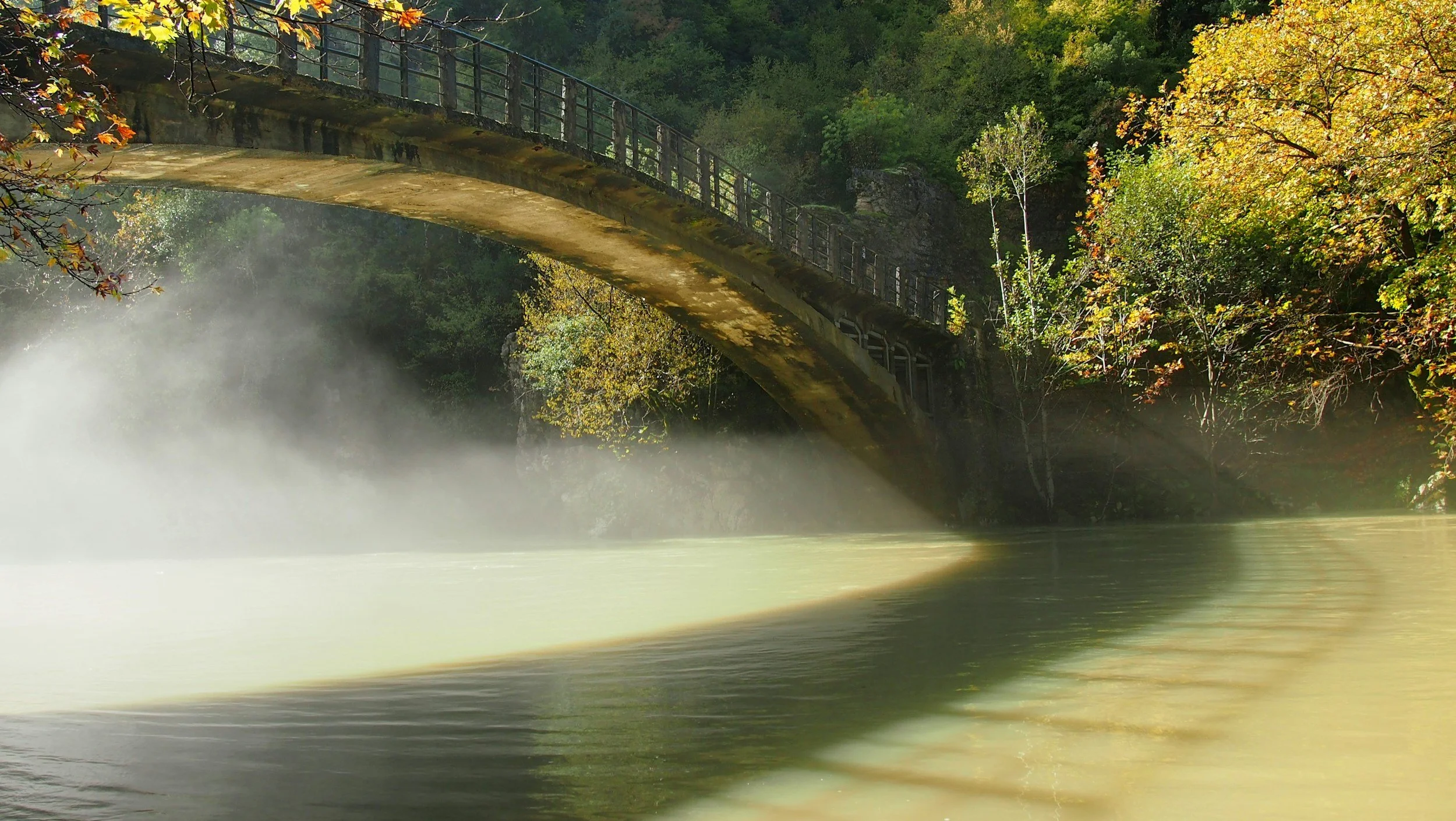 Acheron River bridge and misty landscape in Epirus Greece