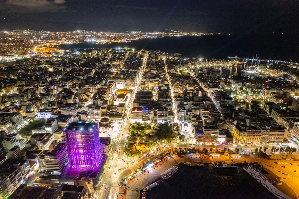 Night view of Piraeus coastline and Mikrolimano area in Athens Greece