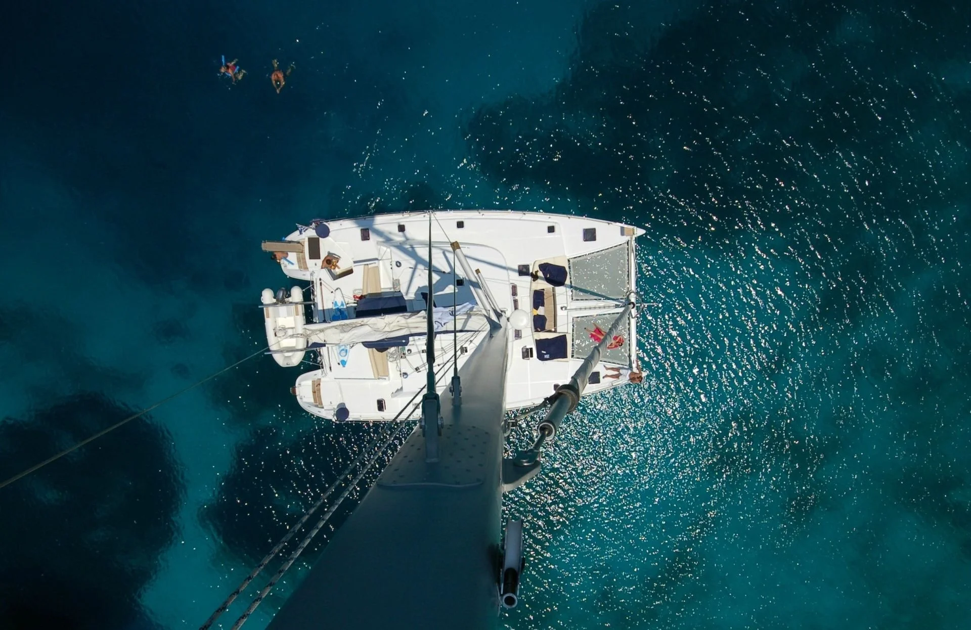 Catamaran near Rhenia Island with clear blue waters for swimming and snorkeling