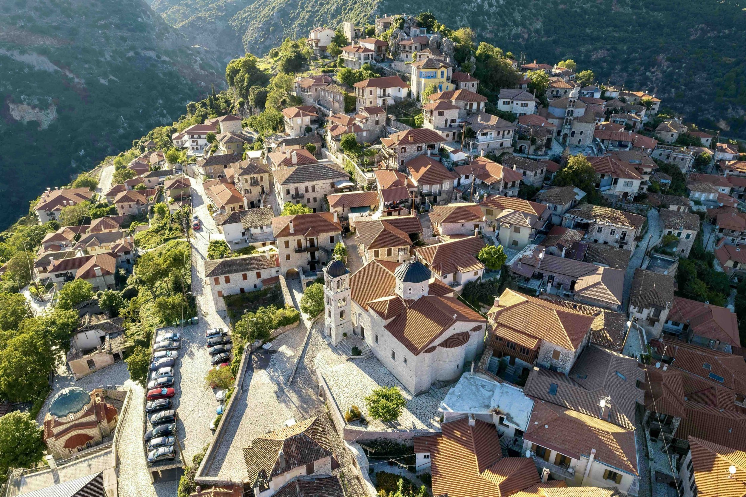 Aerial view of traditional mountain village in Arcadia Peloponnese Greece