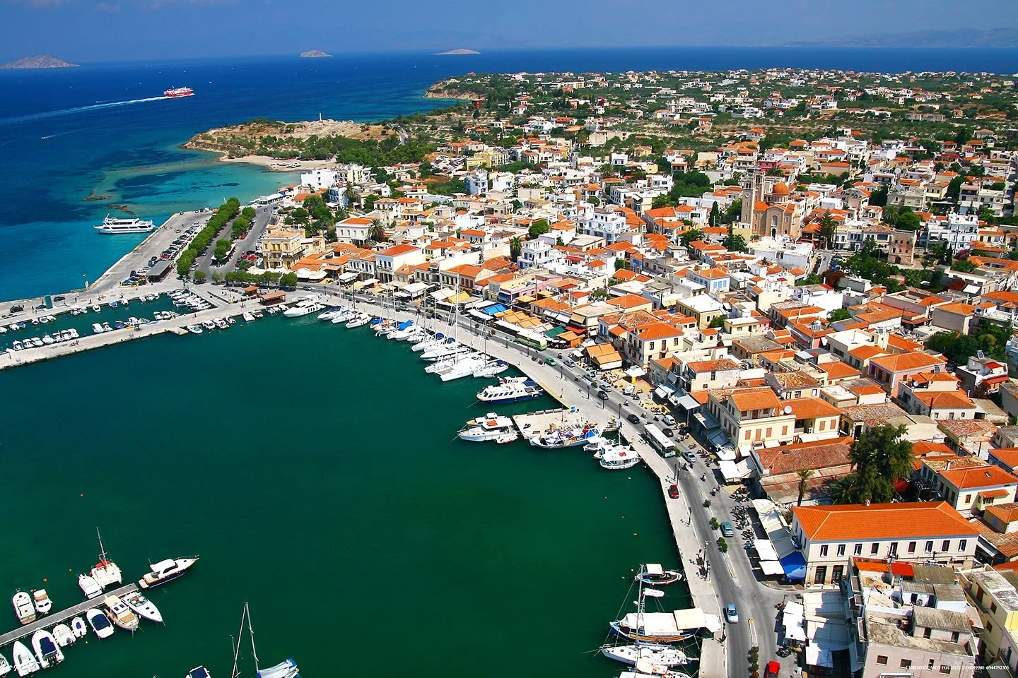 Aerial panoramic view of Aegina Island harbor and waterfront in Greece