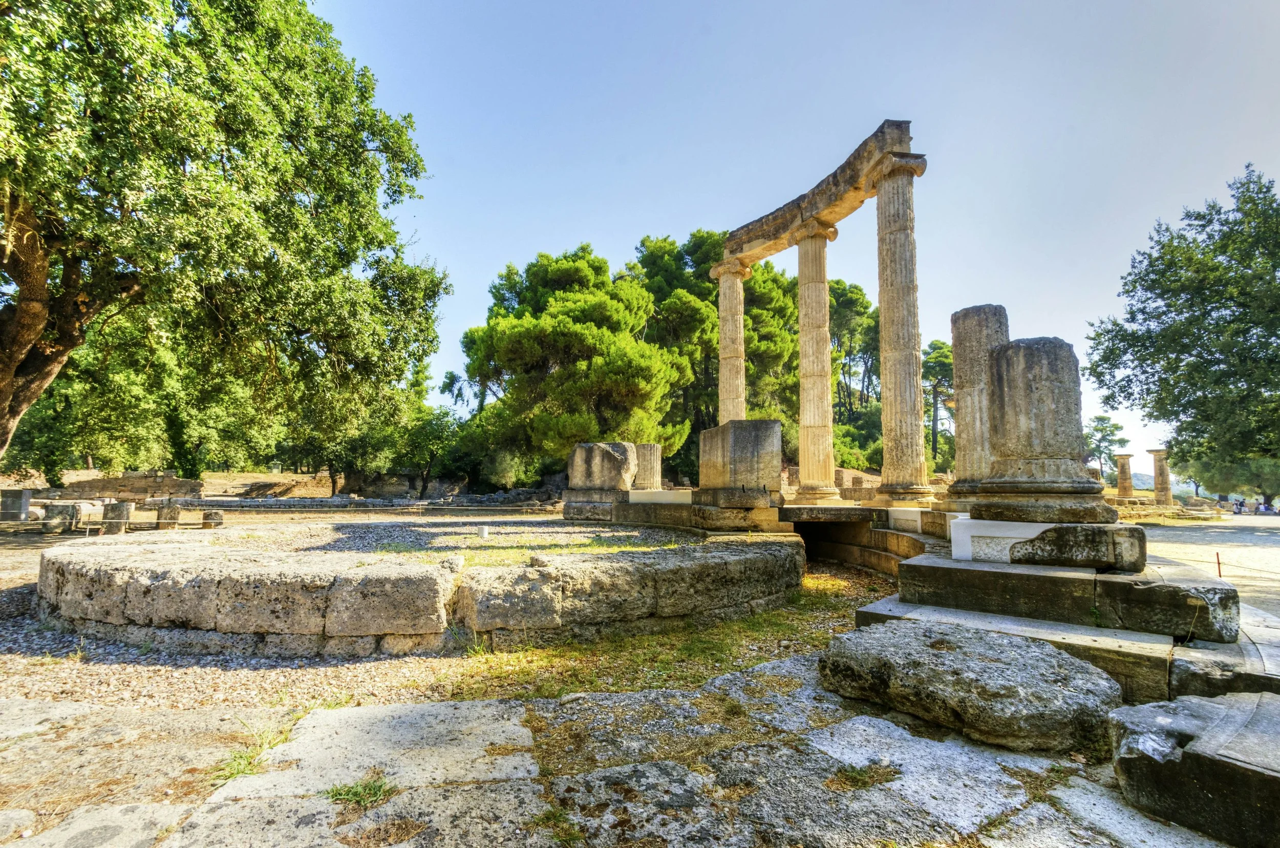 Temple ruins at Ancient Olympia archaeological site in the Peloponnese, Greece