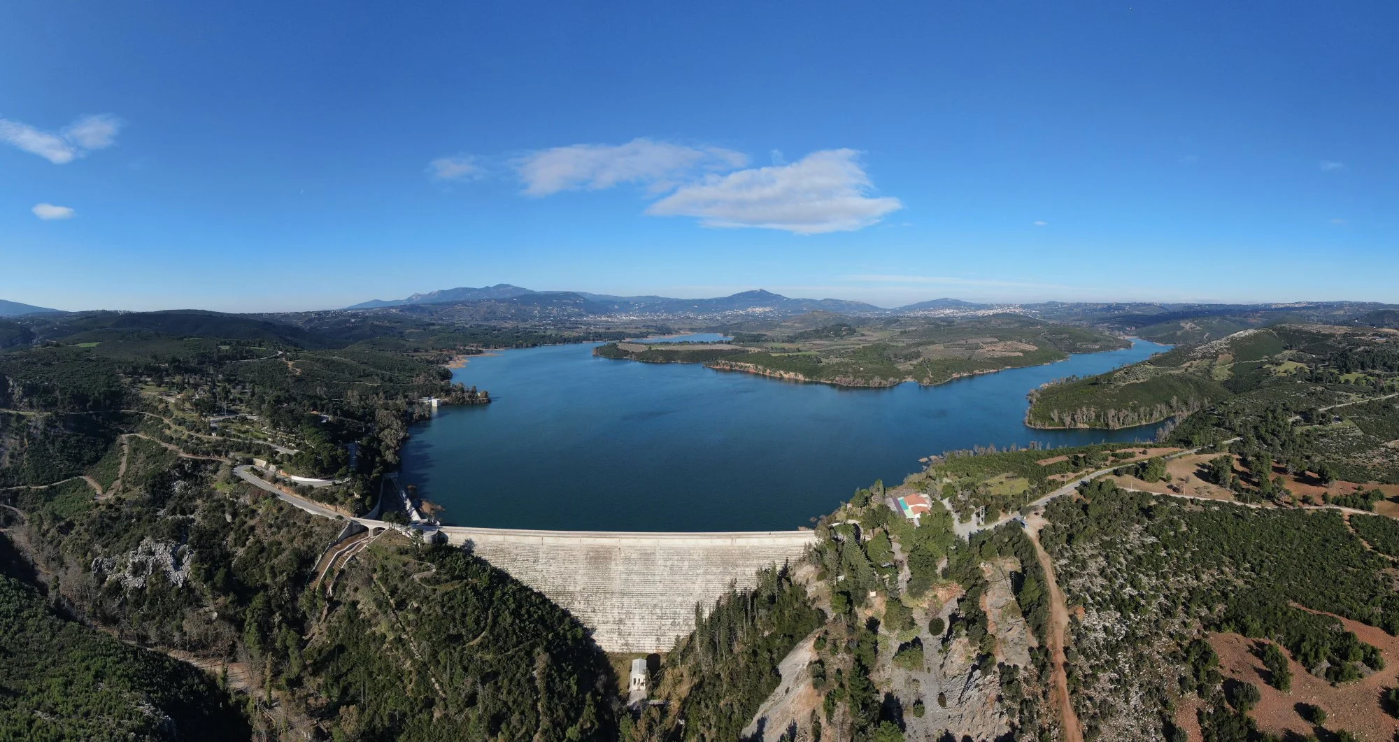 Aerial view of Marathon Lake and dam near Athens Greece