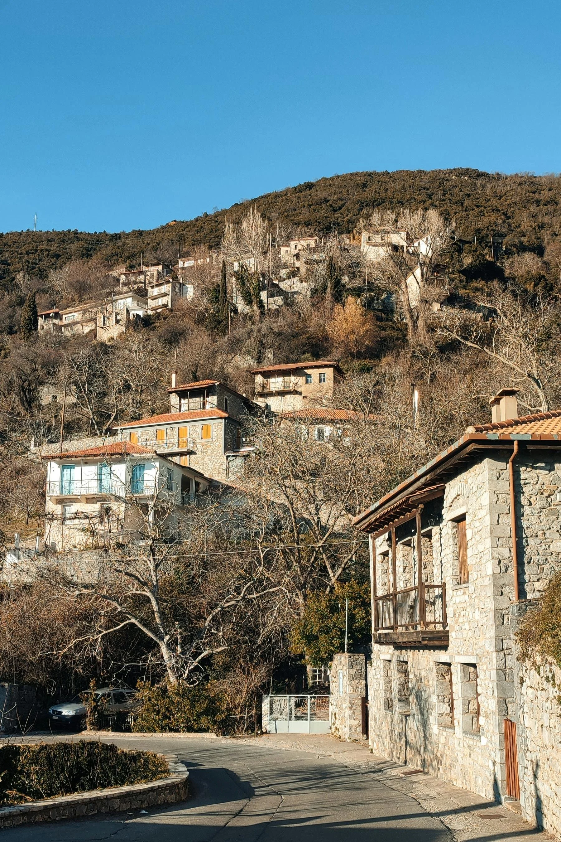 Traditional village road and mountain scenery in Arcadia Peloponnese