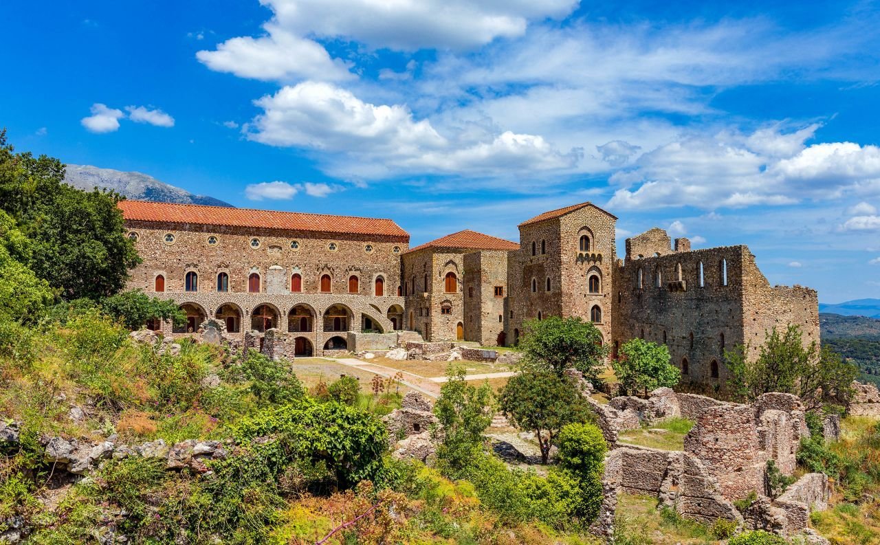 Byzantine monastery ruins and historic architecture at Mystras in the Peloponnese Greece