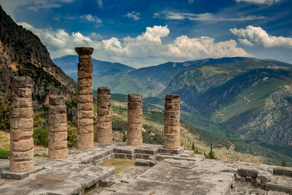 Ancient Delphi archaeological site with mountain views in Greece