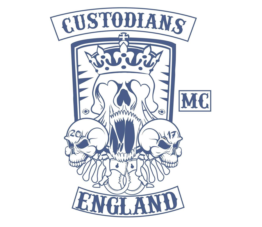 Logo of Custodians MC England with skulls and a crown.