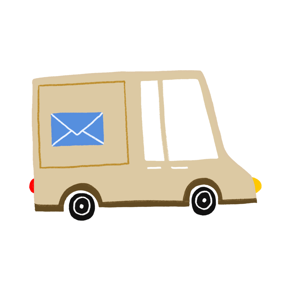 A cartoon illustration of a beige delivery van with a blue envelope symbol on its side, driving on a road with a white background and a yellow section.