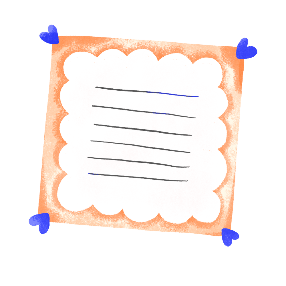 A colorful drawing of a note paper with a scalloped border, taped with blue tape at each corner, featuring blank lines for writing.