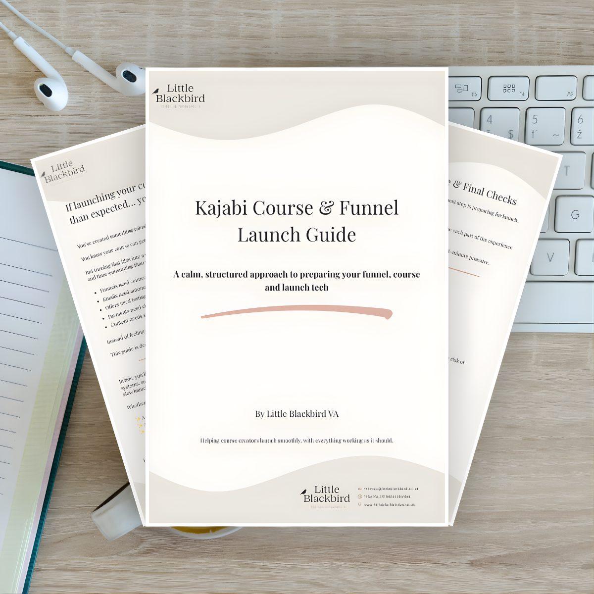 Book titled 'Kajabi Course & Funnel Launch Guide' on a desk, surrounded by papers, a keyboard, and earphones.