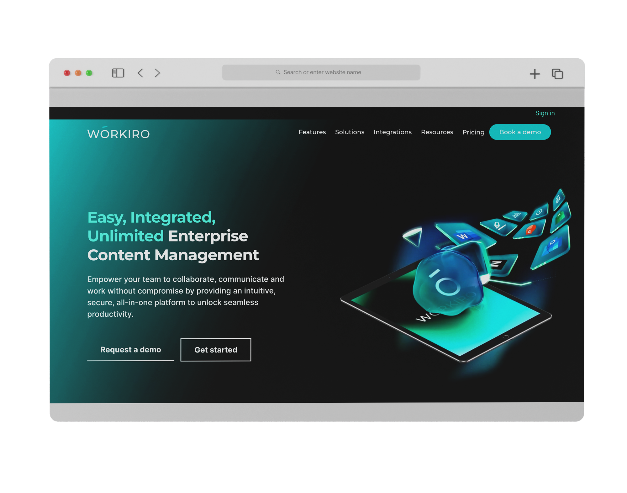 Screenshot of a website homepage for 'WORKIRO' featuring a tablet and floating app icons with a call-to-action to request a demo or get started.