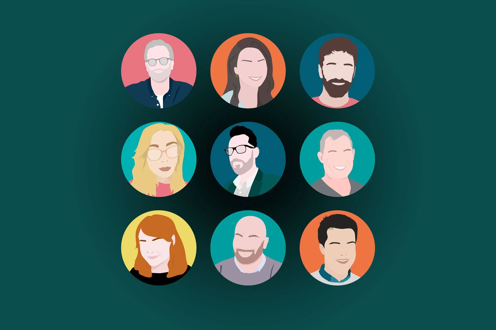 Digital illustration of diverse people icons in circular frames on a dark green background.
