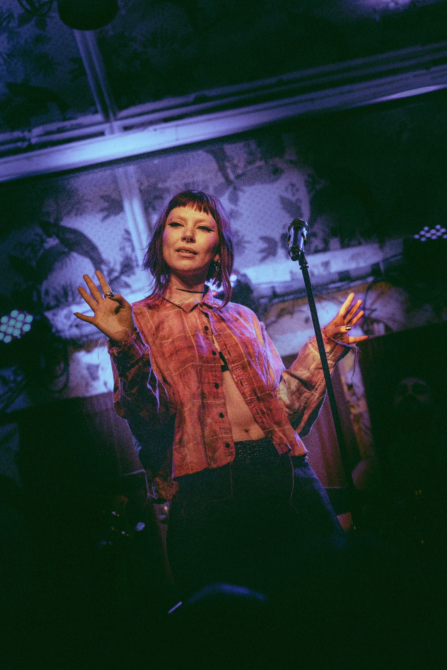 A singer performing on stage, wearing a pink plaid shirt, with a hand raised, under purple stage lighting, and a microphone stand nearby.