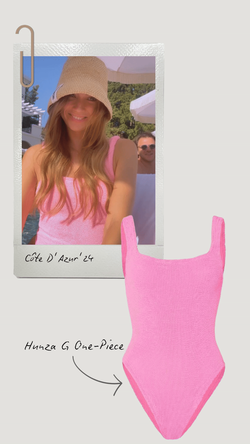 The fashion moodboard contains Hunza G bubble pink one-piece and polaroid-style video featuring a woman wearing this swimming suit  in the South of France. She is smiling and laughing with a guy staying next to her.